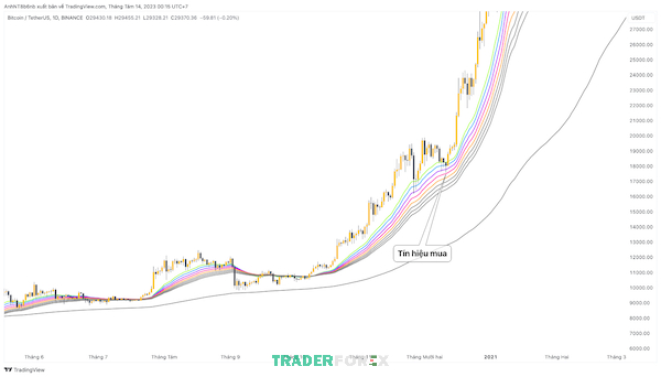 Với thị trường bullish thì đường EMA hồng là điểm bật giá để xác nhận đà mua tiếp diễn